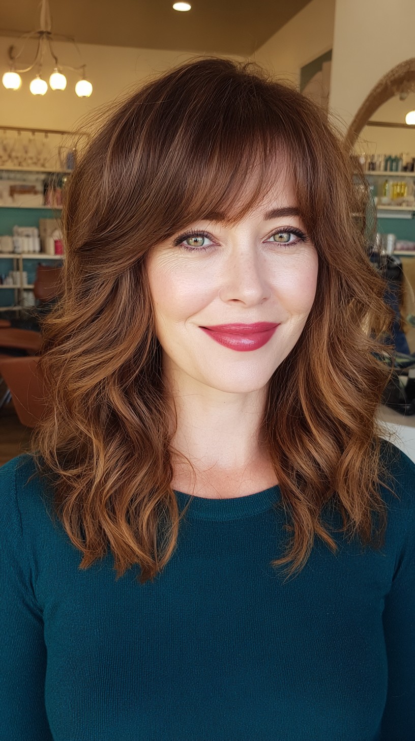 Luxurious Chestnut Waves with Soft Fringe