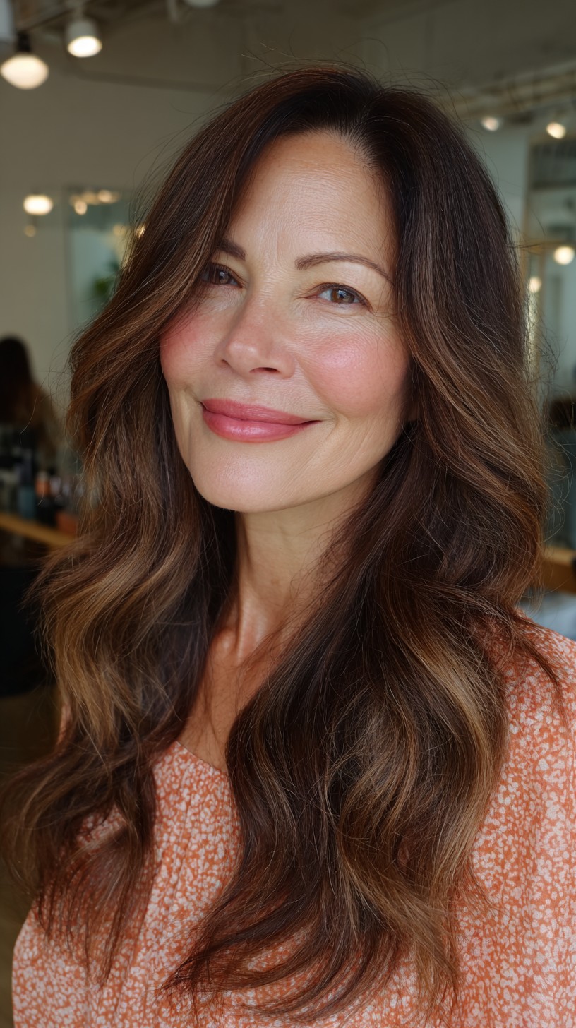 Natural Chestnut Waves with Gentle Face-Framing Layers