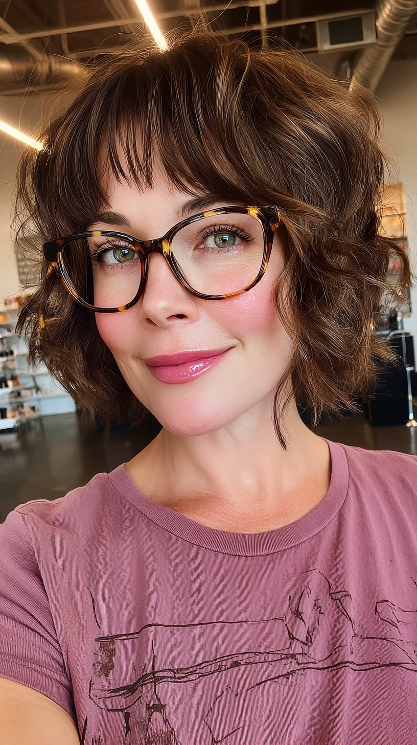 Playful Brunette Curly Bob with Wispy Bangs