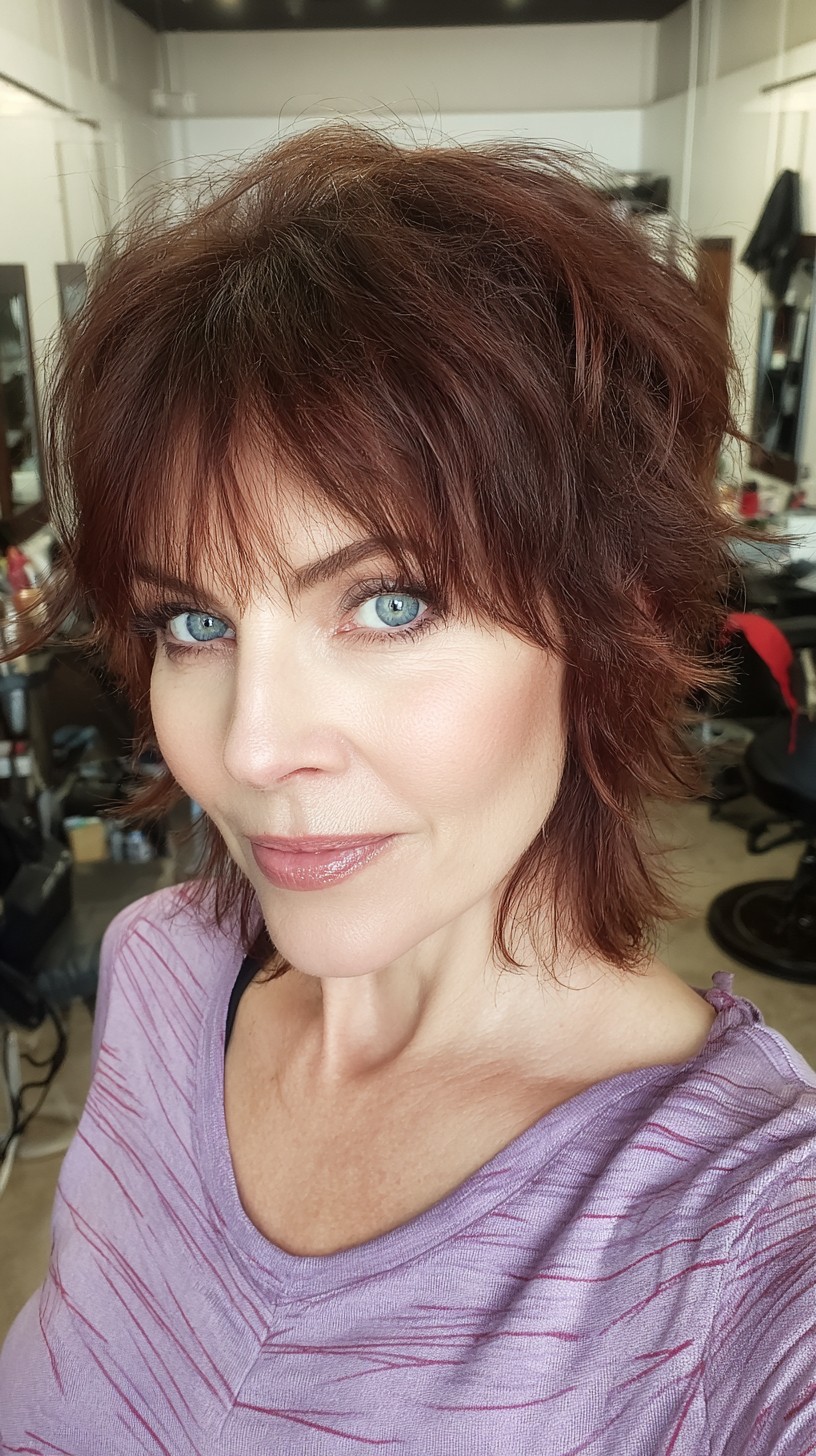 Rich Auburn Textured Crop with Feathered Fringes