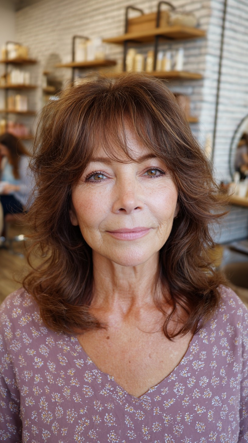 Rich Chestnut Waves with Soft Wispy Bangs