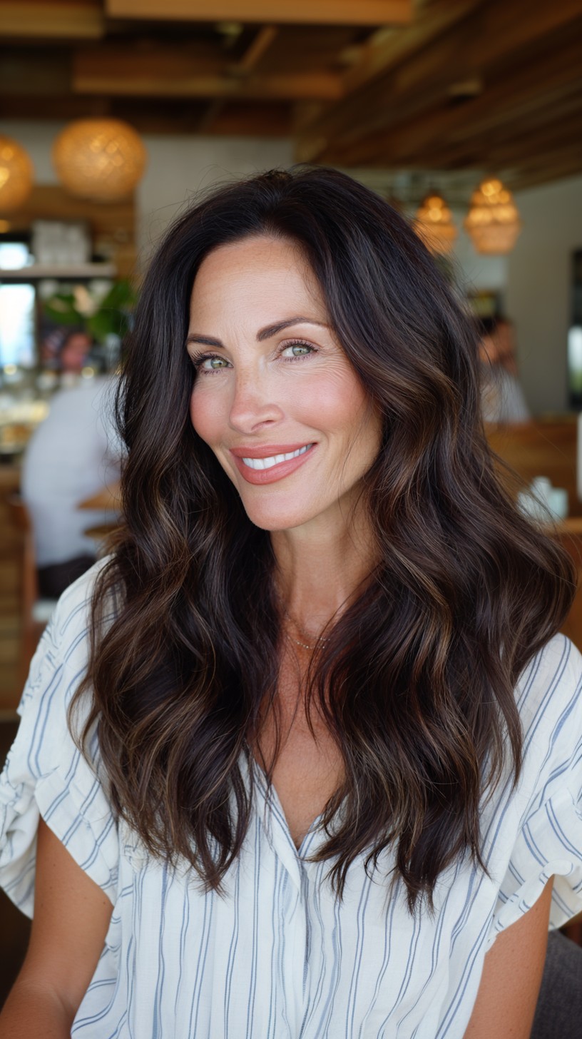 Rich Espresso Waves with Soft Balayage Highlights