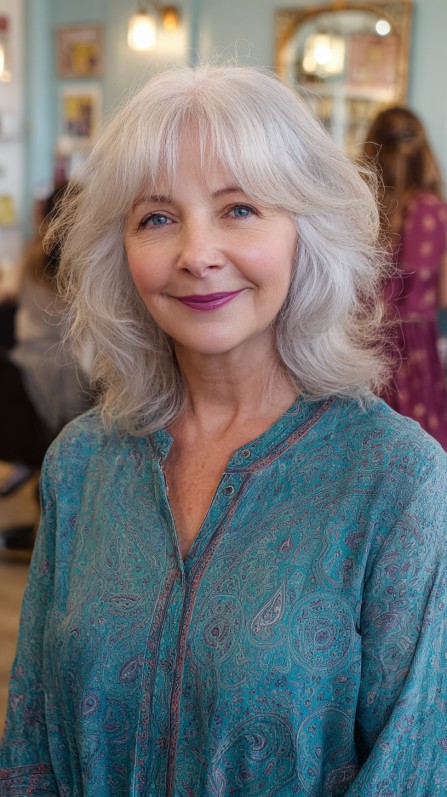 Silver Feathered Cut for Medium Hair