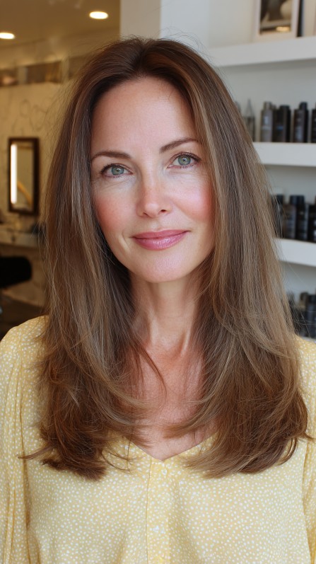 Sleek Caramel Tresses with Subtle Face-Framing Layers