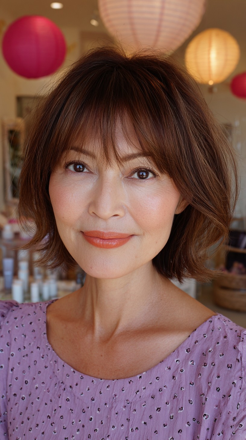 Sleek Chestnut Bob with Feathered Wispy Bangs