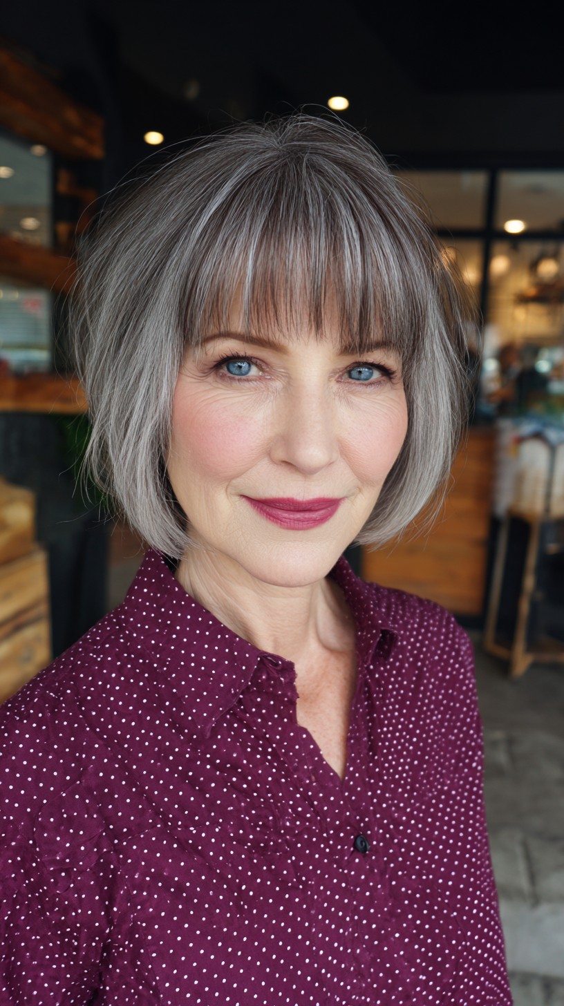 Sleek Silver Bob with Feathered Wispy Bangs