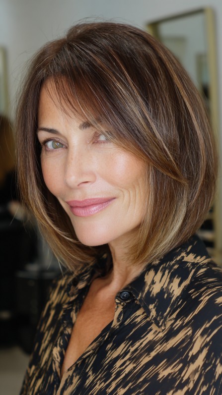 Soft Brunette A-Line Bob with Caramel Highlights