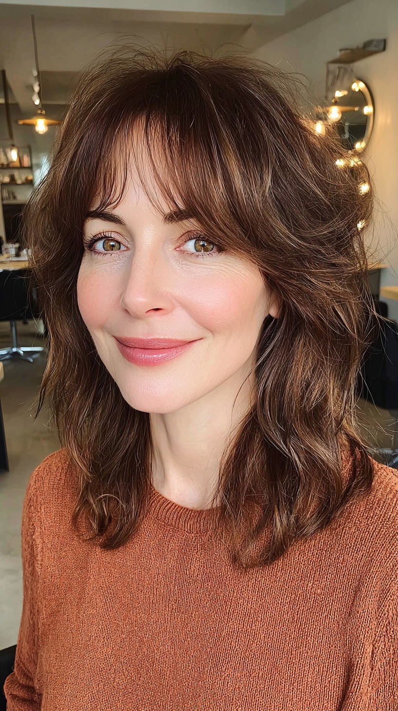 Soft Brunette Waves with Curtain Bangs