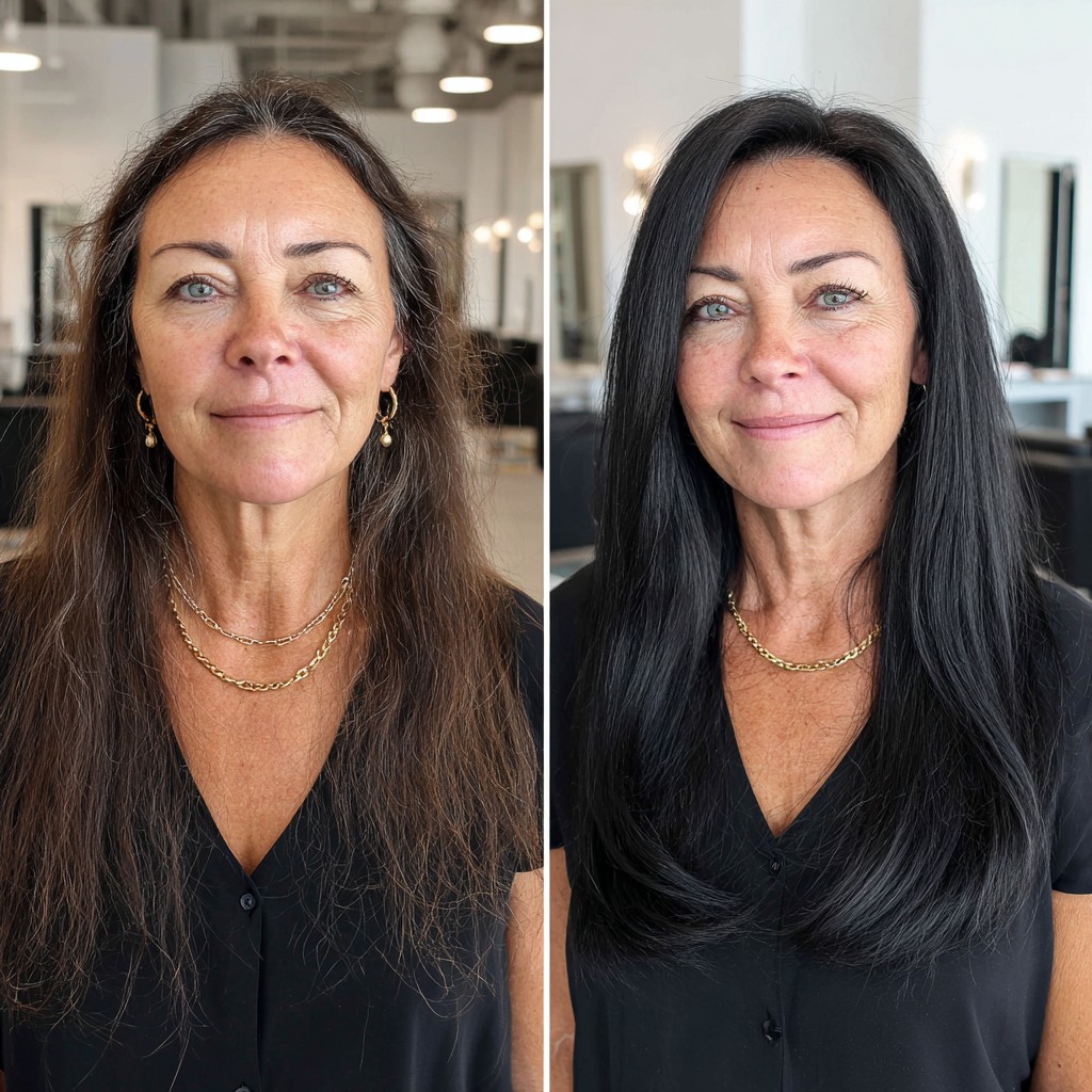 Stunning Glossy Black Transformation for Mature Hair
