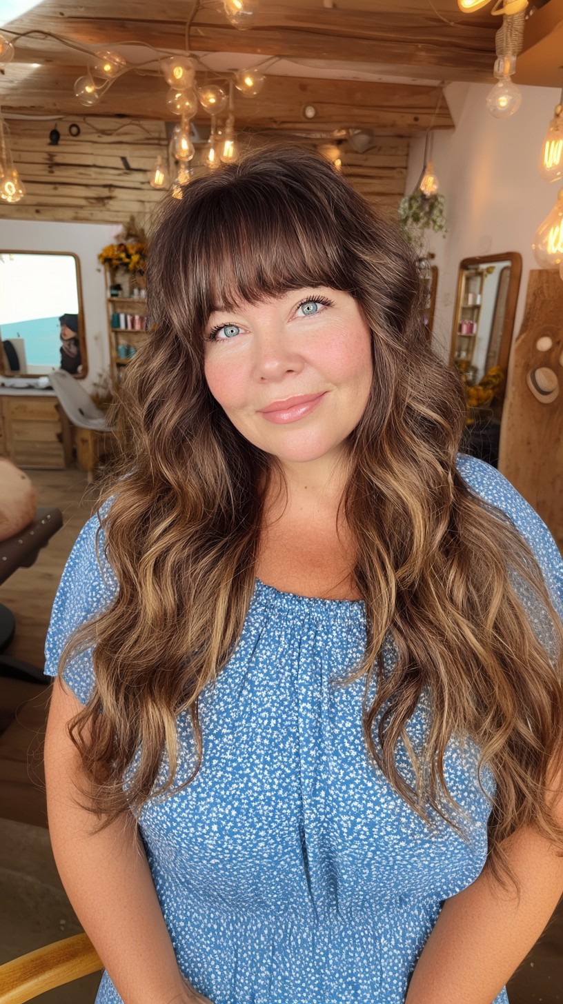 Sunkissed Caramel Tousled Waves with Bangs