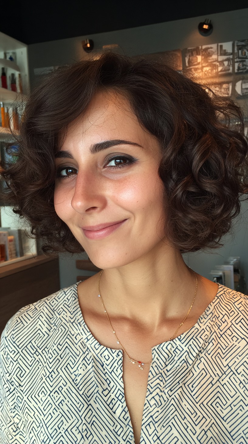 Textured Chestnut Bob with Soft Curls