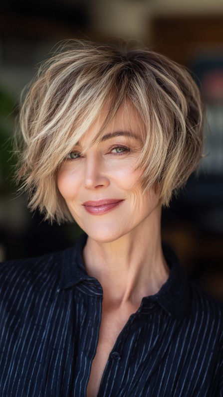 Textured Dark Blonde Chop with Subtle Sunlit Accents
