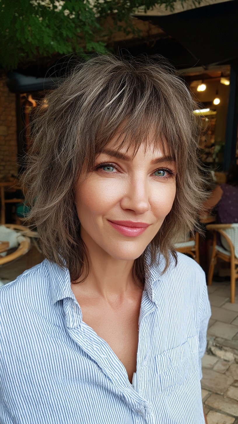 Textured Salt-and-Pepper Pixie with Soft Bangs