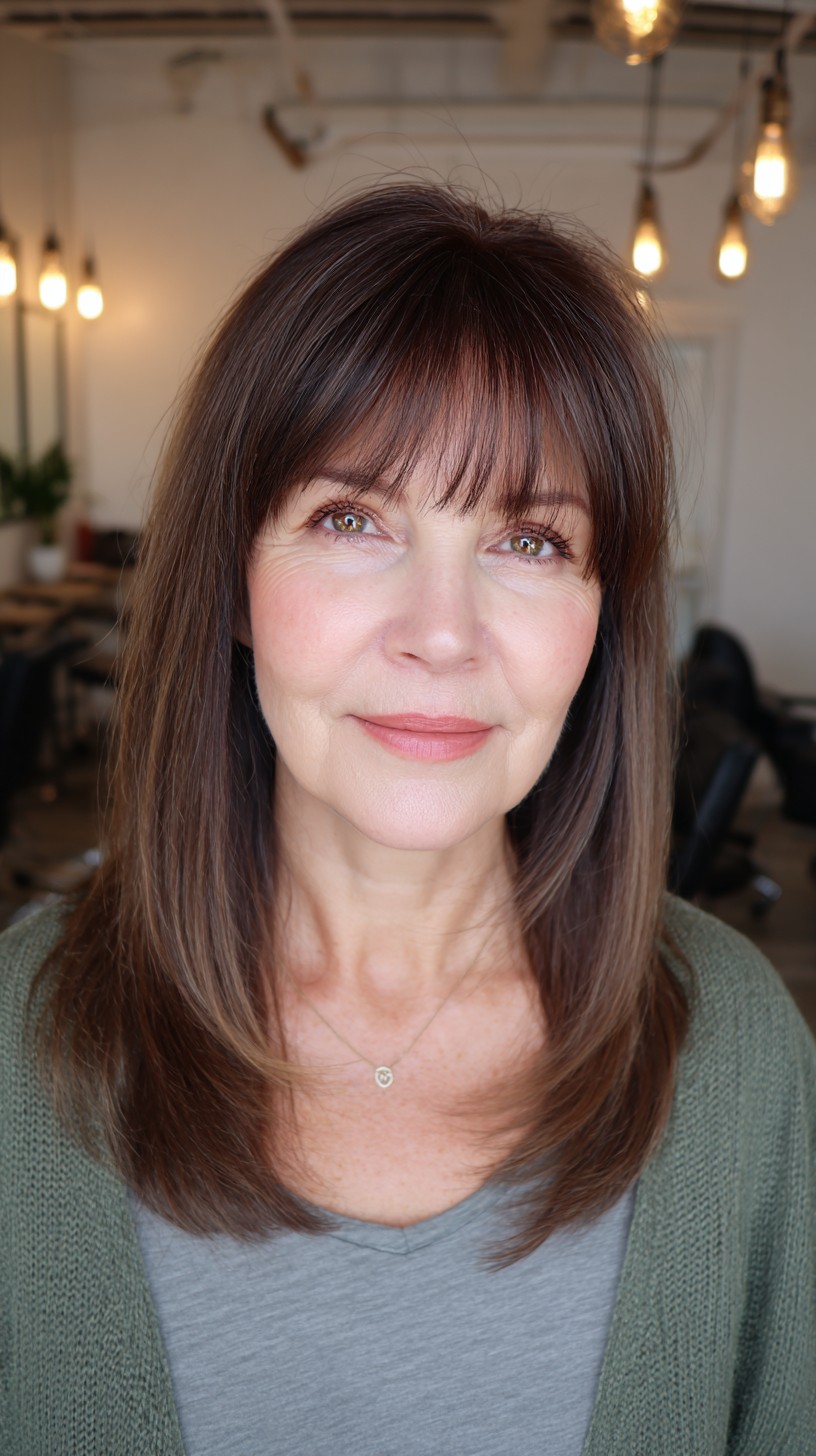 Timeless Chestnut Locks with Seamless Wispy Bangs