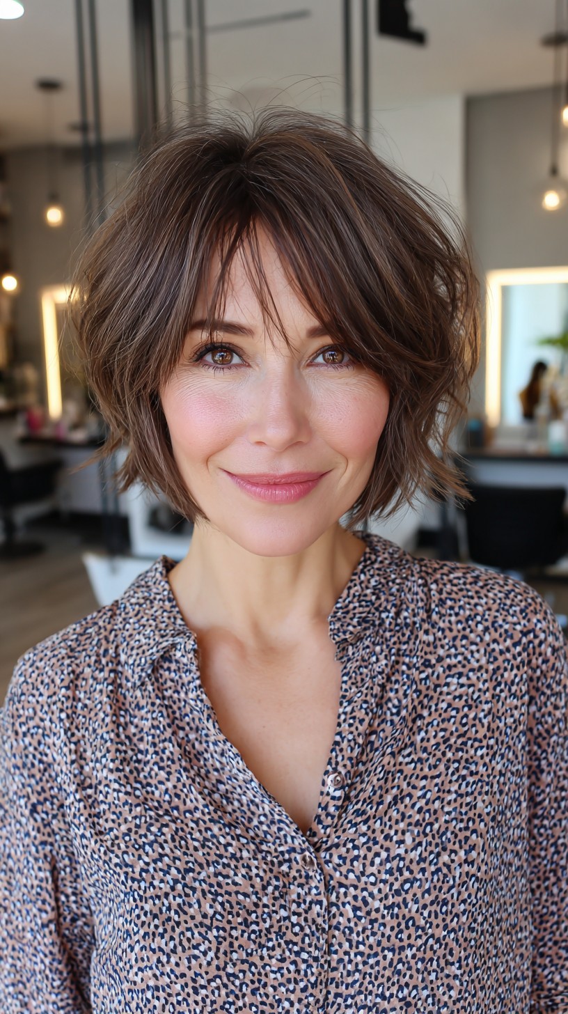 Tousled Brunette Bob with Soft Bangs
