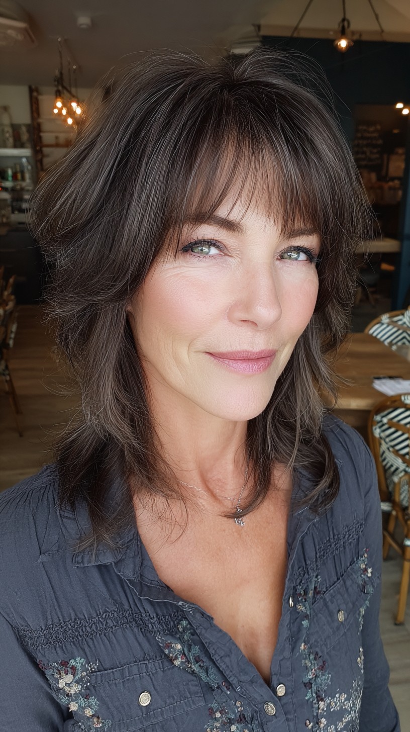 Tousled Silver Layers with Feathered Wispy Bangs