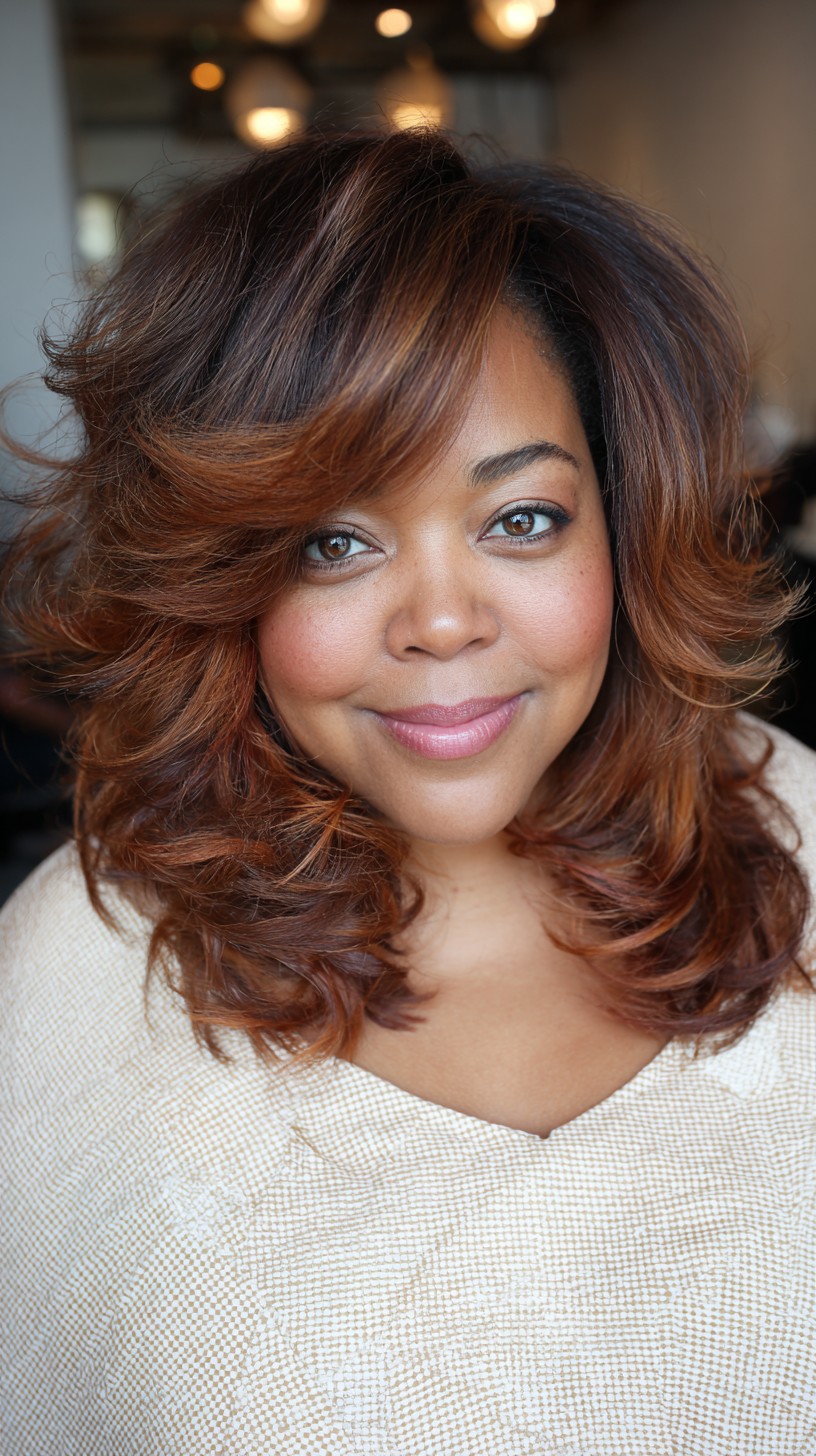 Voluminous Caramel Curls with Face-Framing Highlights