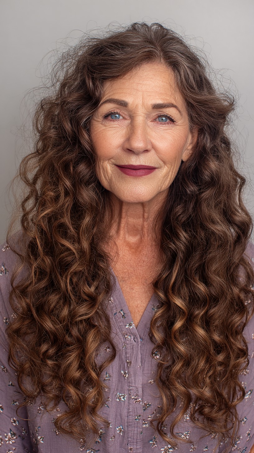 Voluminous Chestnut Curls with Subtle Highlights