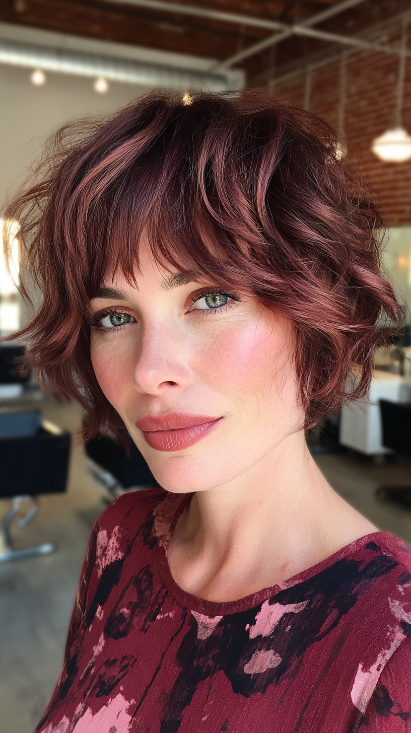 Wavy Rosewood Bob with Flirty Fringe