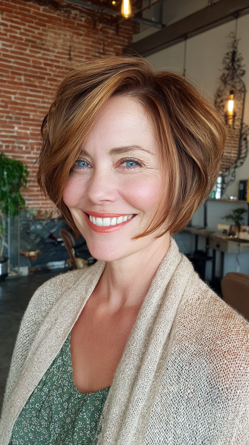Breezy Copper-Toned Layered Bob with Side Sweep