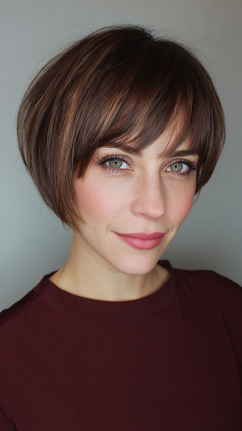 Brunette Pixie with Soft Fringe and Tapered Neckline