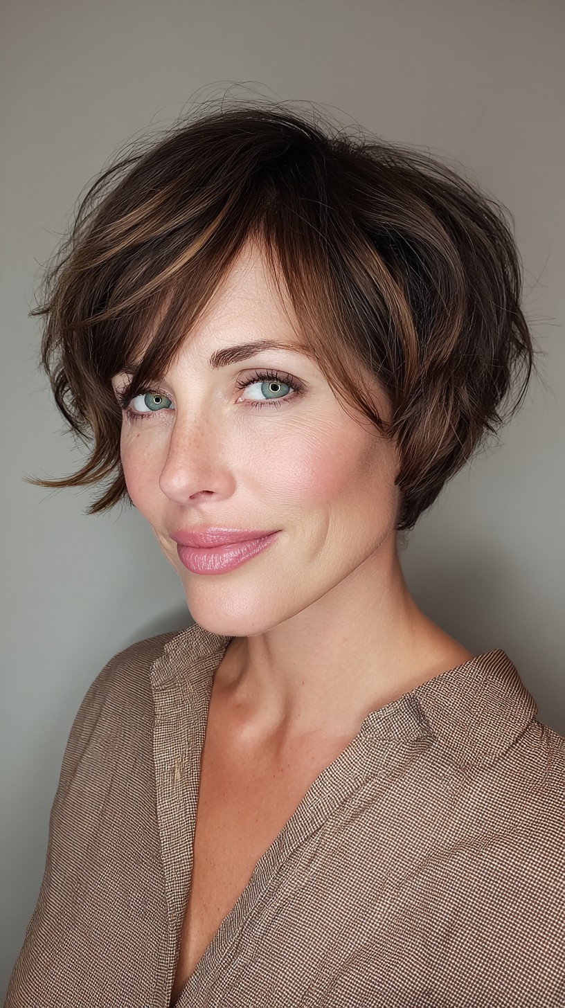 Brunette Textured Bob with Subtle Highlights