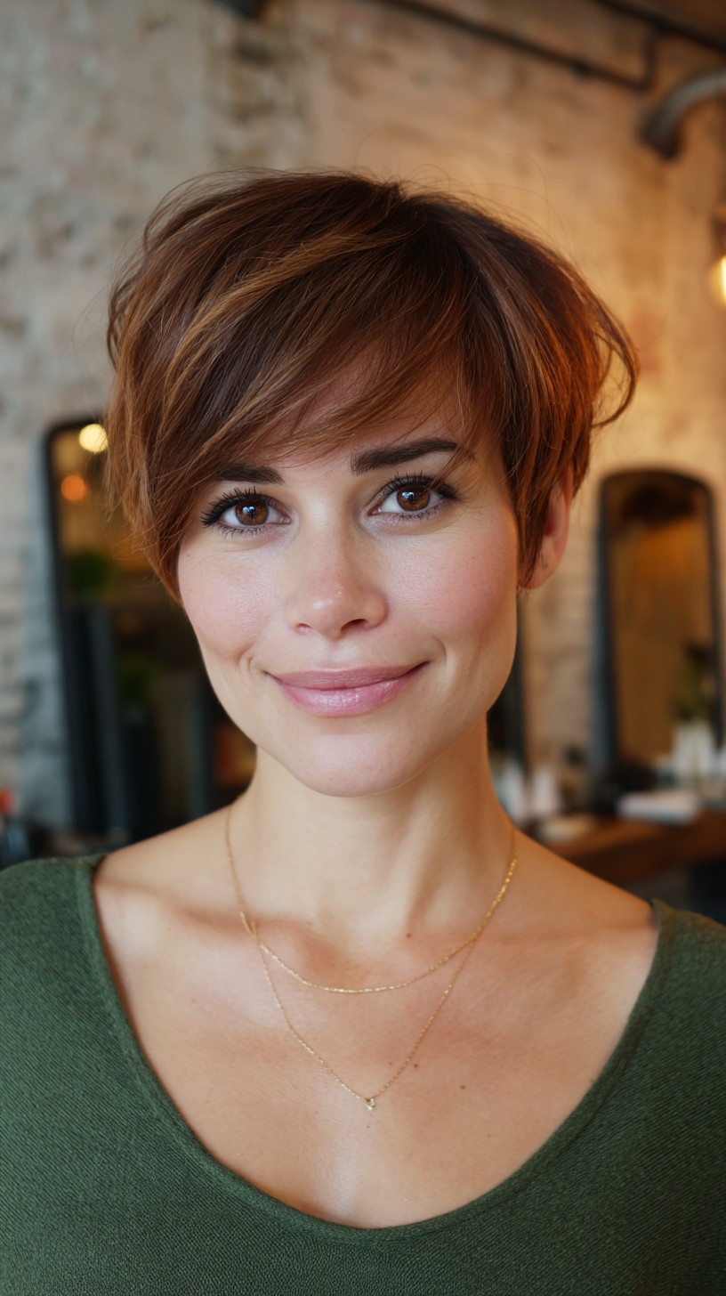 Caramel-Tinted Feathered Pixie with Soft Bangs