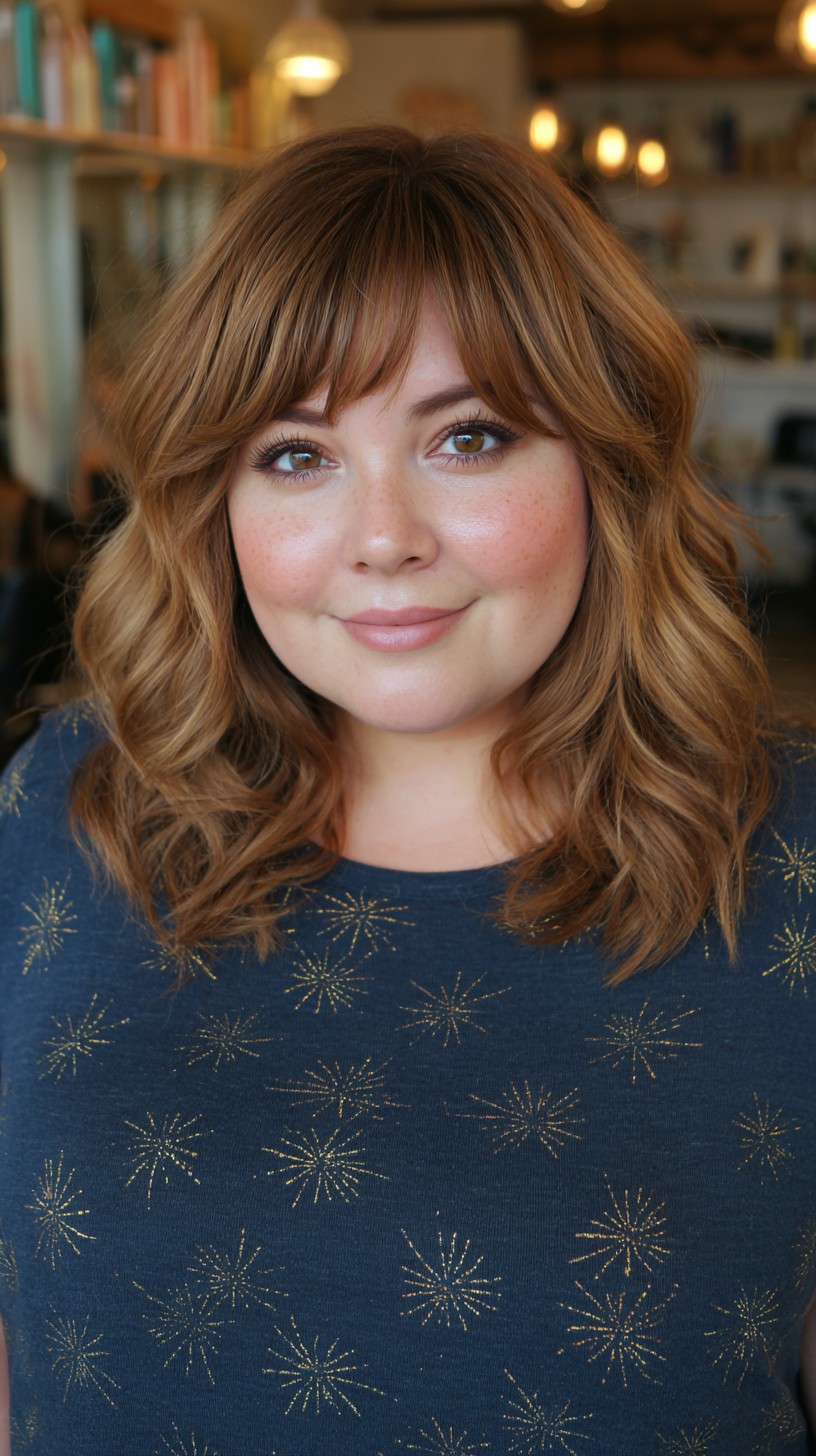 Cascading Caramel Waves with Soft Bangs