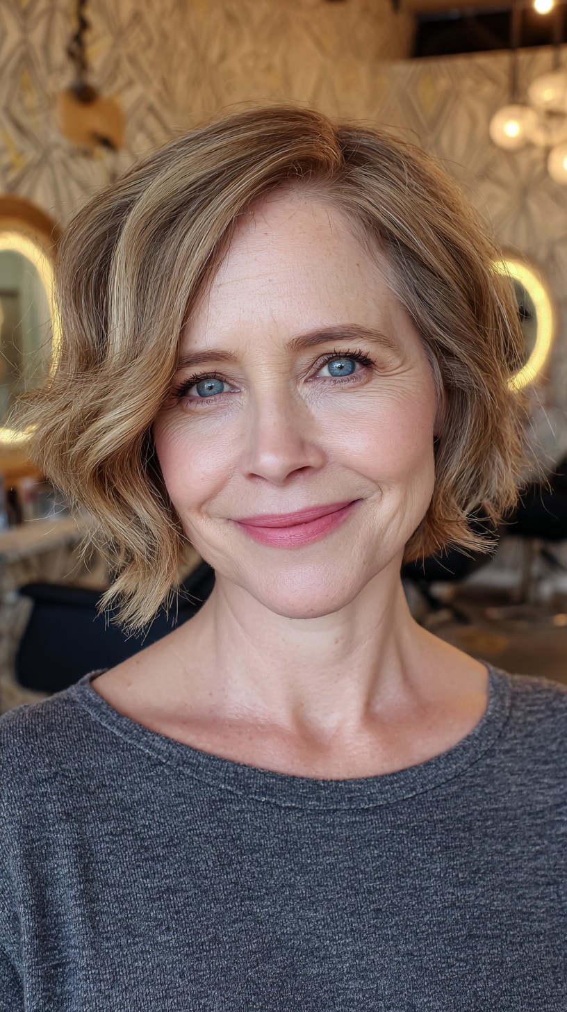 Chic Caramel-Toned Wavy Bob with Subtle Balayage