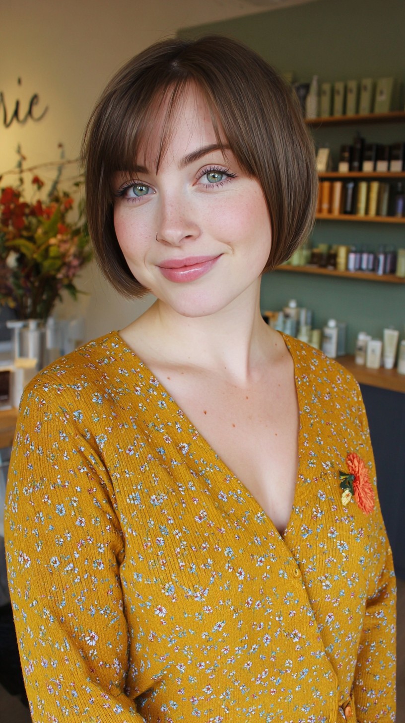 Chic Chestnut Bob with Feathered Fringe