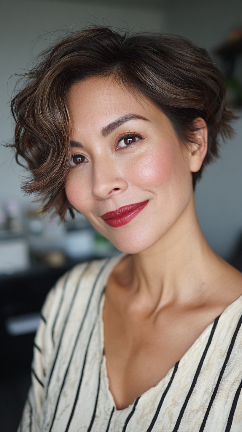 Chic Chestnut Waves with Side-Swept Fringe