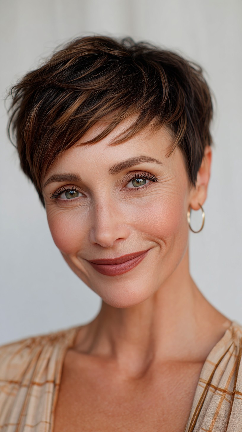 Chic Espresso Tousled Pixie with Subtle Highlights