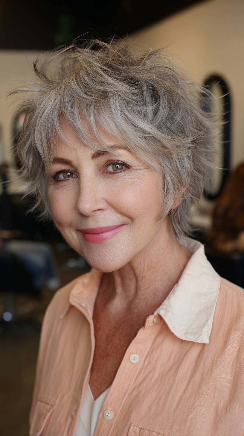 Chic Softly Textured Silver Wolfcut with Lively Layers