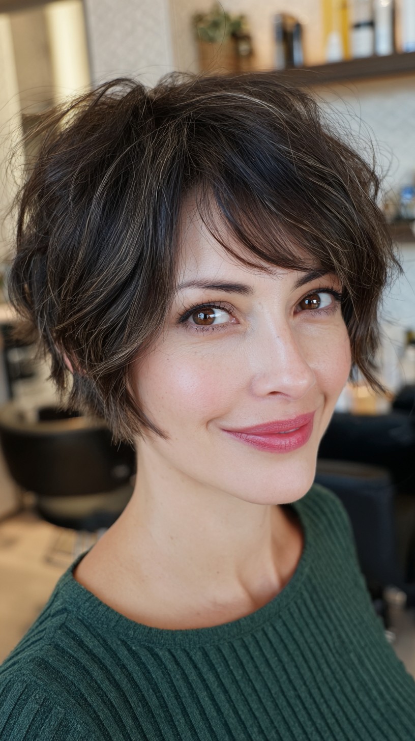 Dark Brunette Wispy Pixie with Subtle Waves