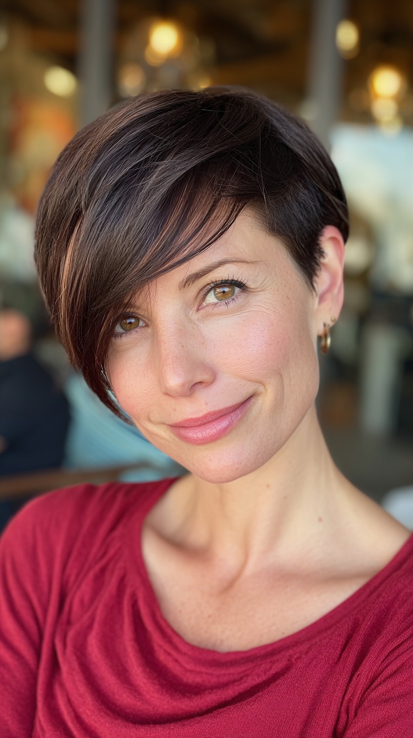 Deep Auburn Asymmetrical Pixie with Side Sweep