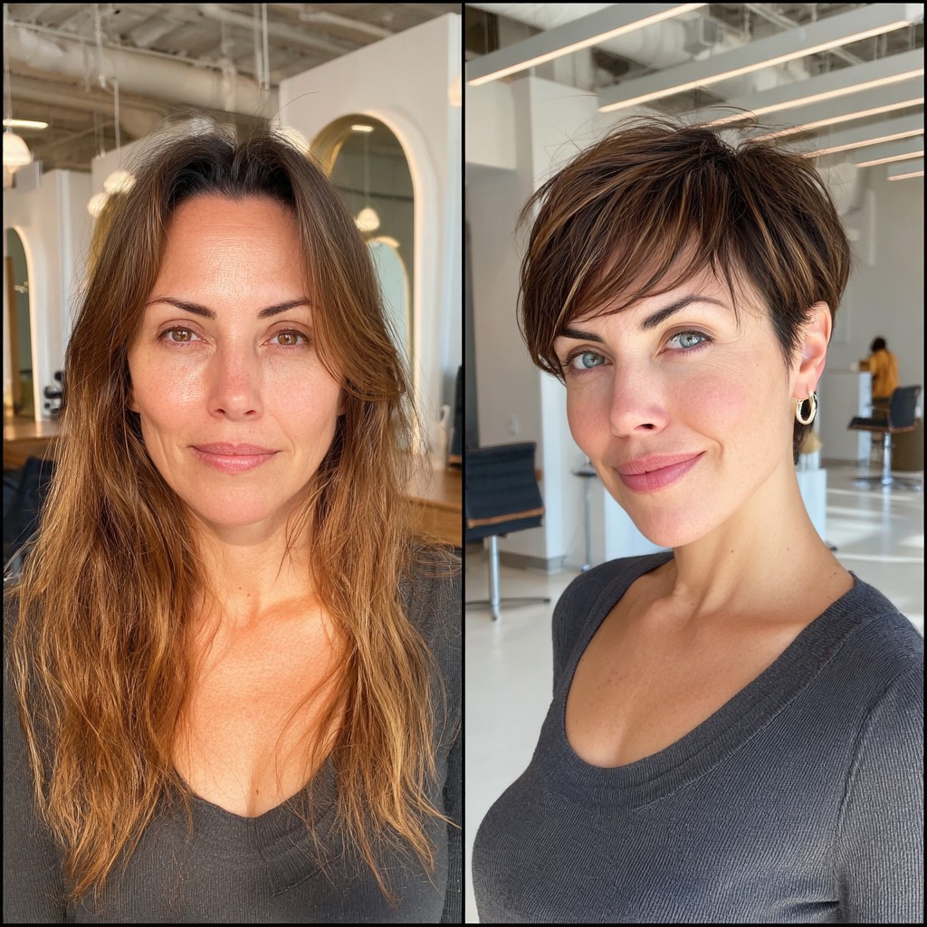 Edgy Brunette Pixie with Asymmetric Sweep