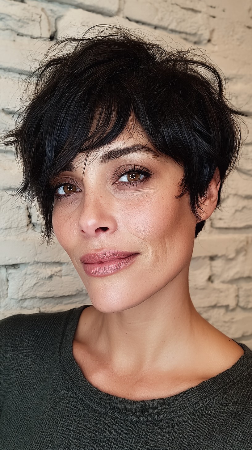 Edgy Dark Tousled Pixie with Angular Bangs