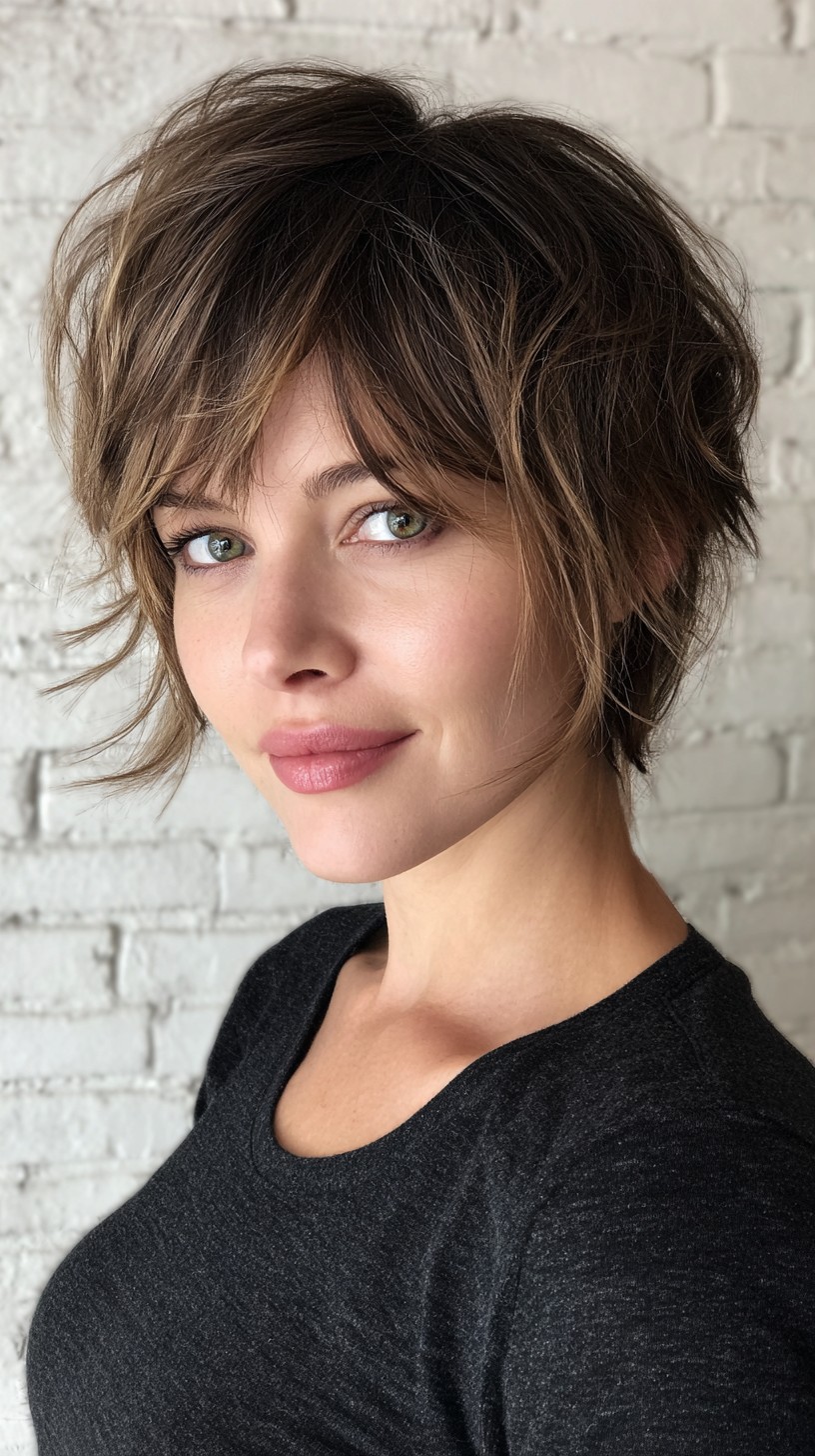 Effortless Brunette Tousled Pixie with Natural Highlights
