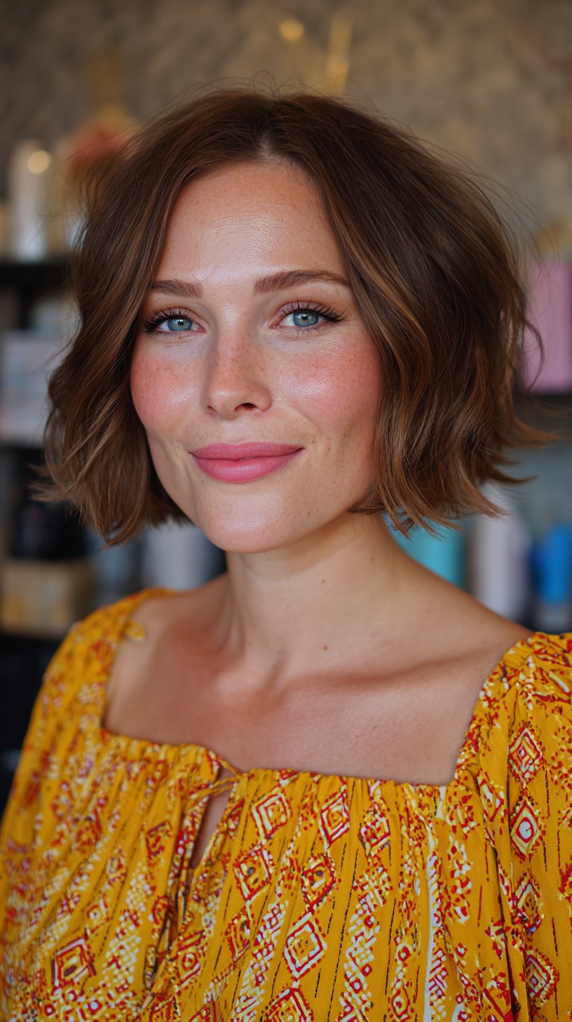 Effortless Chestnut Wavy Bob with Natural Highlights