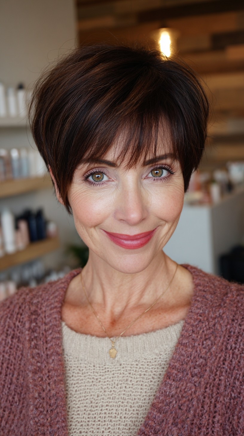 Expressive Deep Chestnut Pixie with Soft Fringe