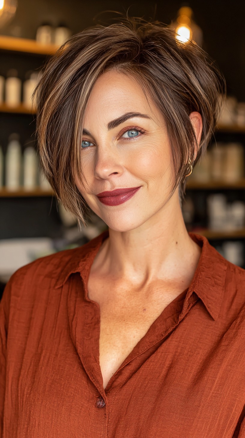 Glossy Chestnut Pixie with Swooping Layers