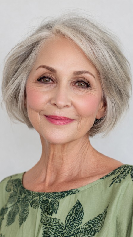 Graceful Silver Feathered Bob for Mature Hair