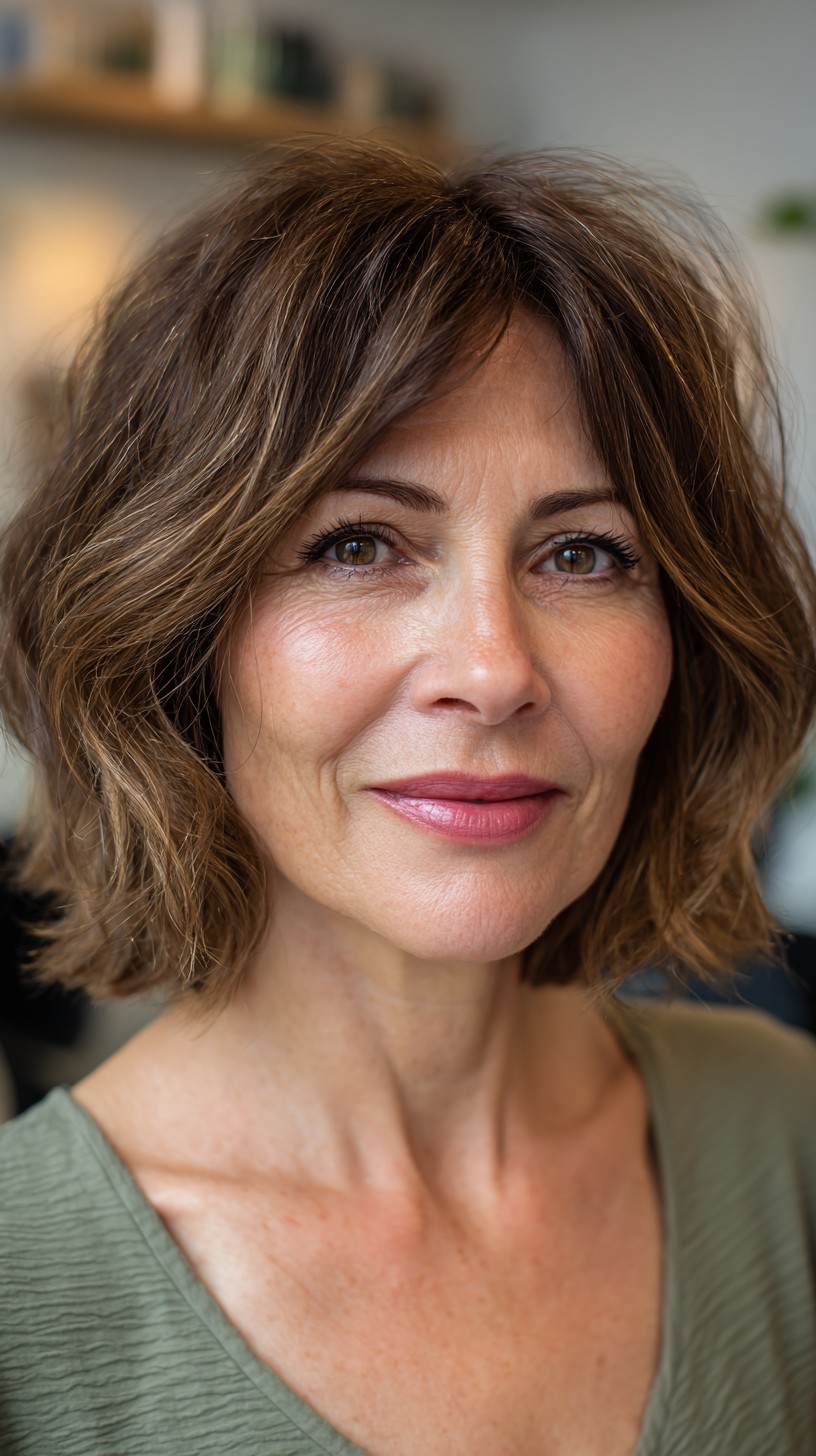 Layered Chestnut Bob with Soft Highlights