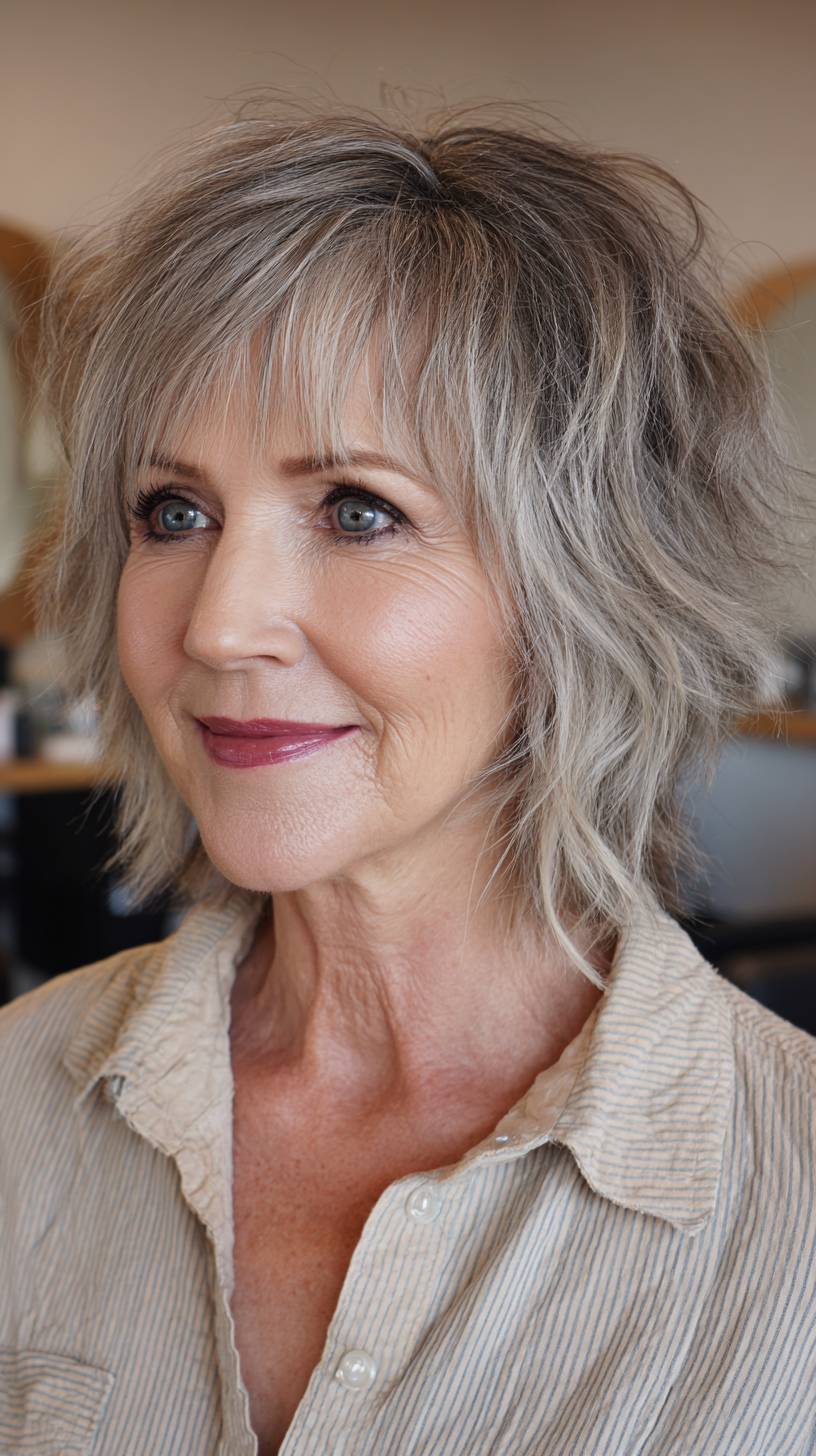 Layered Textured Silver Wolfcut with Soft Movement