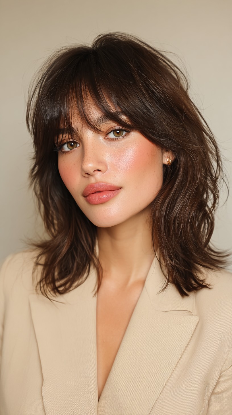 Luminous Mocha Tousled Lob with Soft Bangs