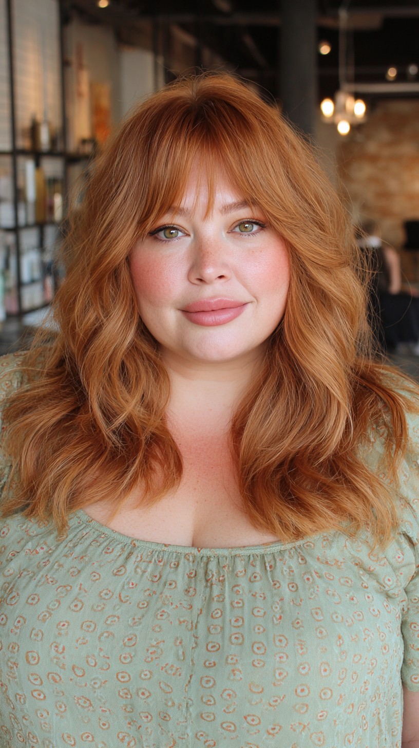 Lush Auburn Waves with Soft Bangs