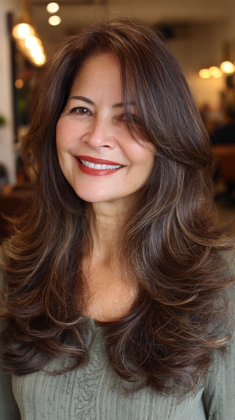 Luxurious Long Chestnut Waves with Soft Highlights