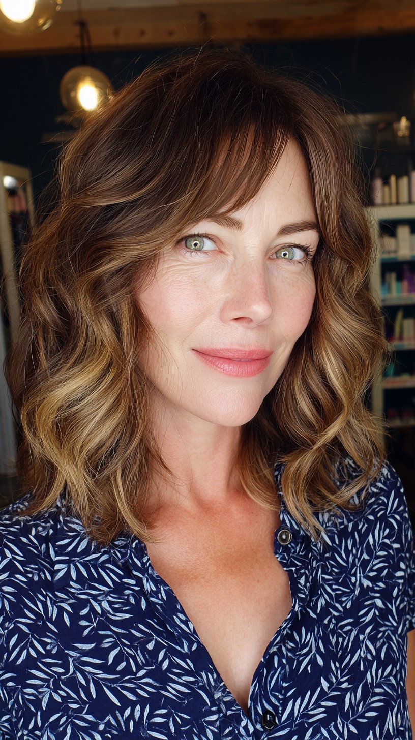 Mid-Length Brunette Waves with Soft Bangs