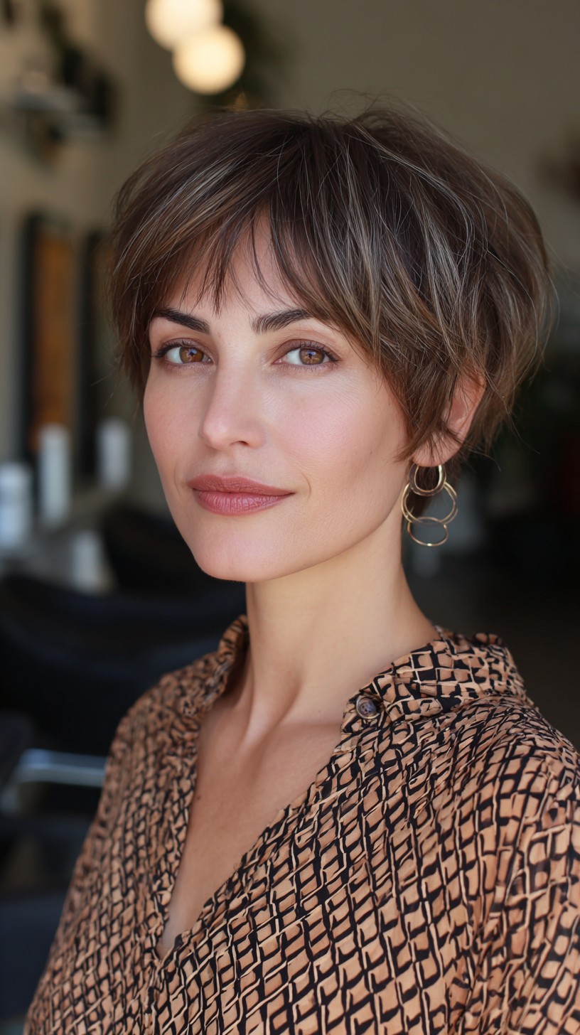 Modern Brunette Textured Pixie with Soft Highlights