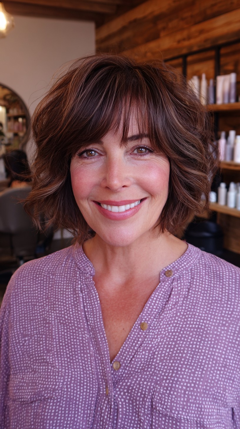 Playful Chocolate Waves with Voluminous Bangs